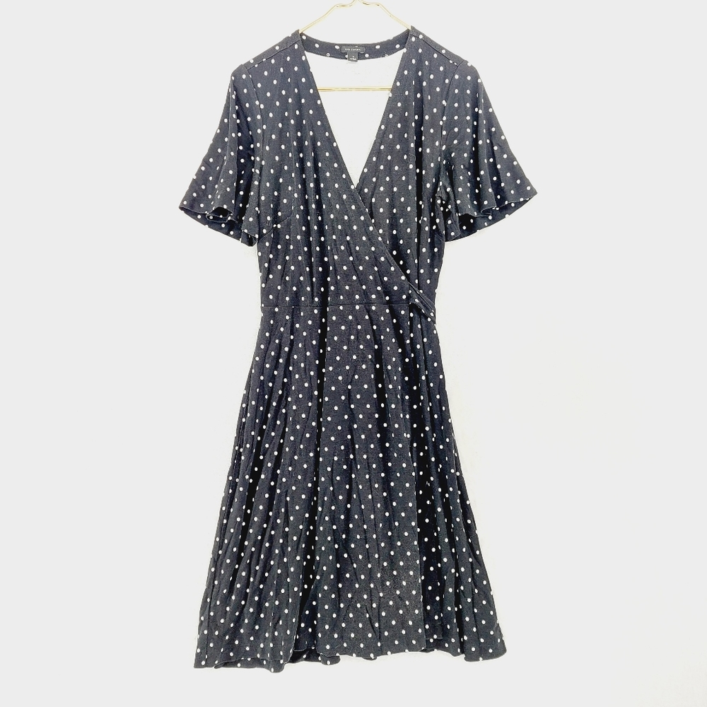 Ann Taylor Black Faux Wrap Polka Dots V Neck Cap Sleeve Summer Midi Dress P6241